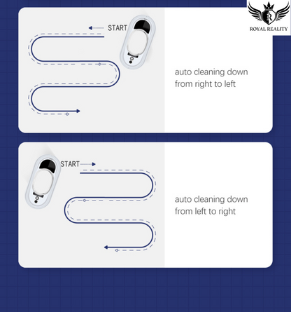 Diagram showing cleaning paths of a robot vacuum cleaner with 'Royal Reality' branding.