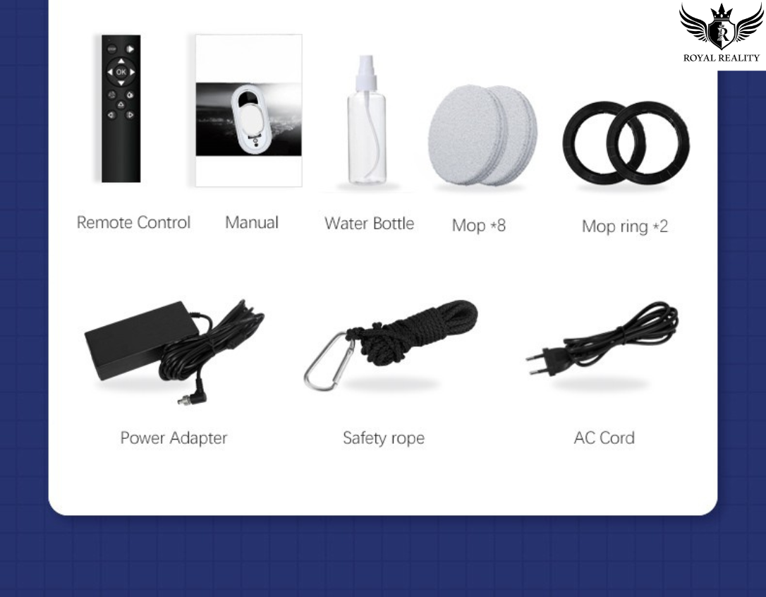 List of items including remote control, manual, water bottle, mop, mop rings, power adapter, safety rope, and AC cord on a white background.