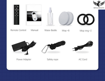 List of items including remote control, manual, water bottle, mop, mop rings, power adapter, safety rope, and AC cord on a white background.