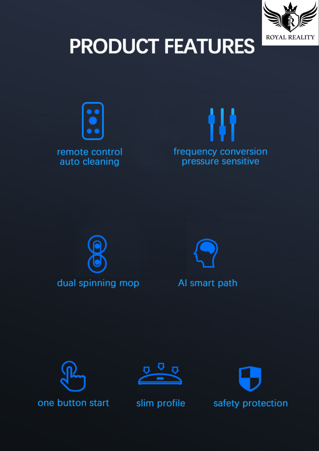 Product features list with icons and text on a dark background