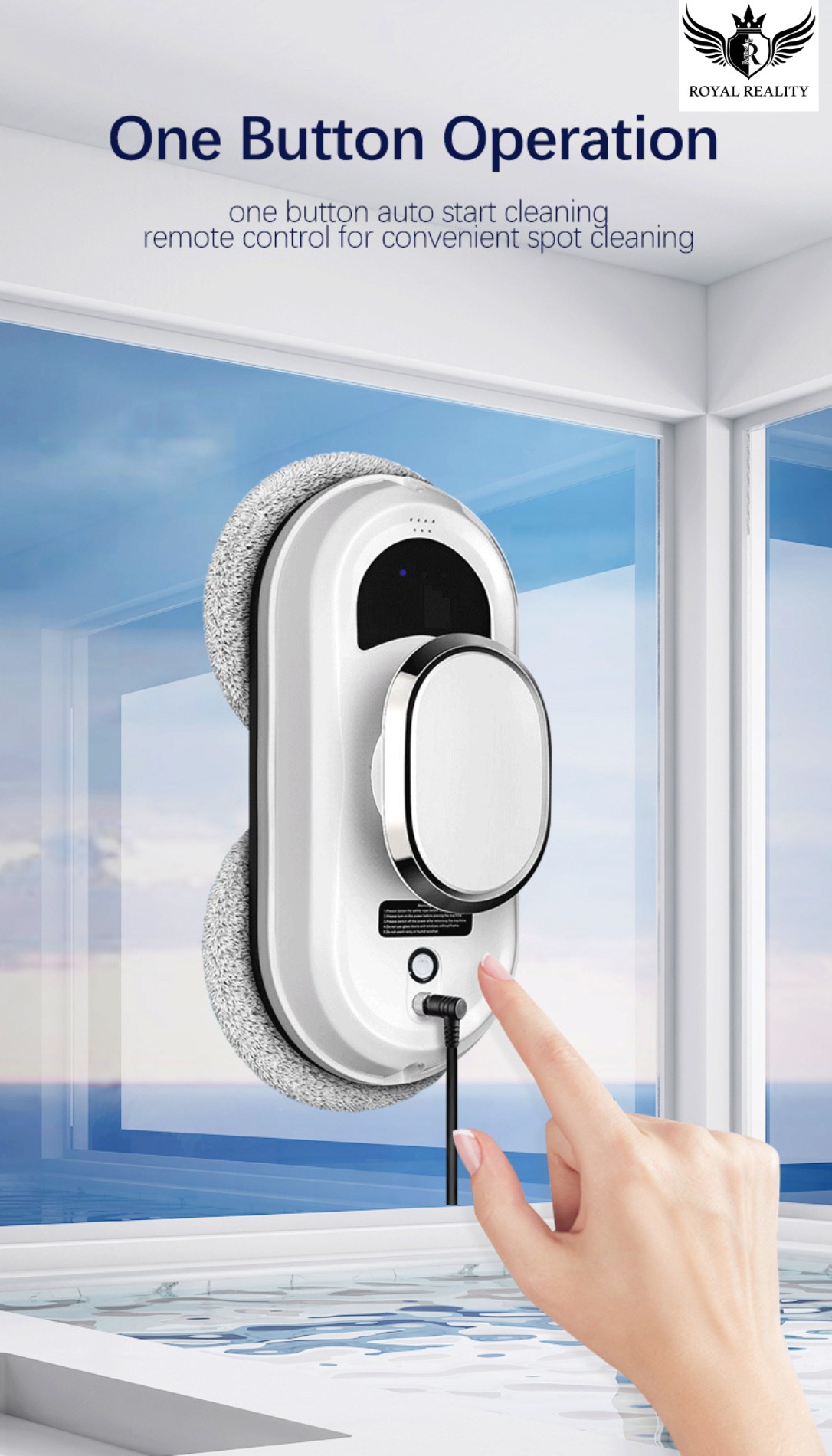 Window cleaning robot with remote control being pointed at, set against a window background.