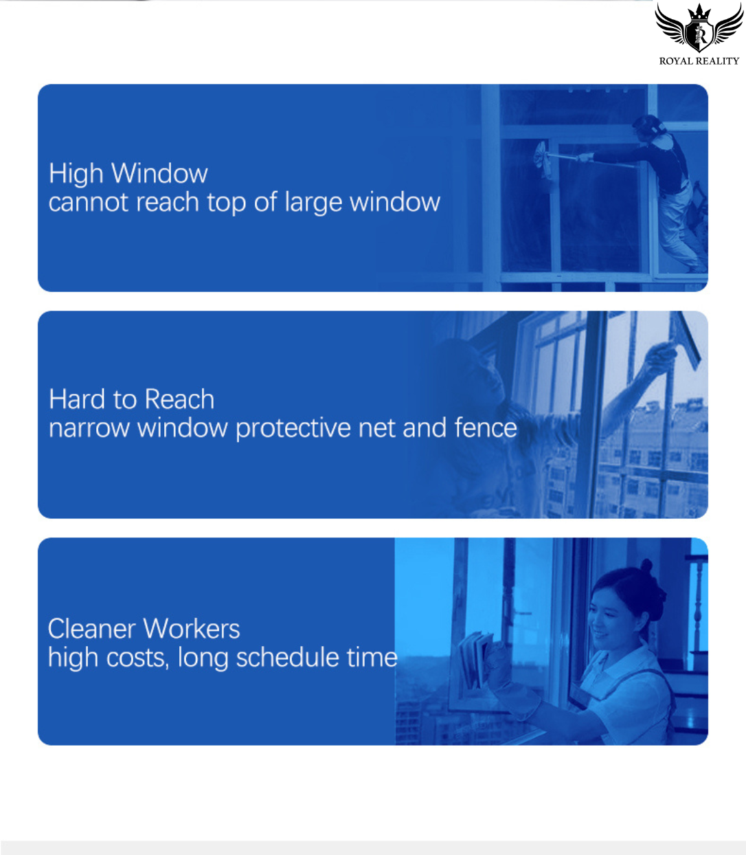 Blue-tinted image with text about window cleaning challenges and solutions, featuring a person cleaning a window.