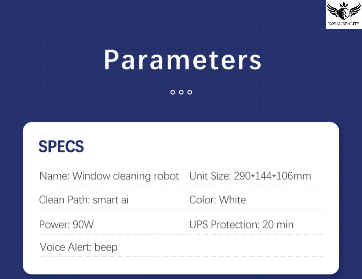 Technical specifications of a window cleaning robot displayed on a blue background with 'Royal Reality' branding.