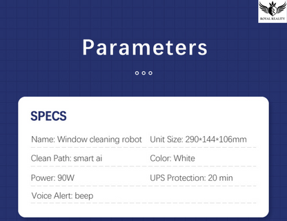 Technical specifications of a window cleaning robot displayed on a blue background with 'Royal Reality' branding.