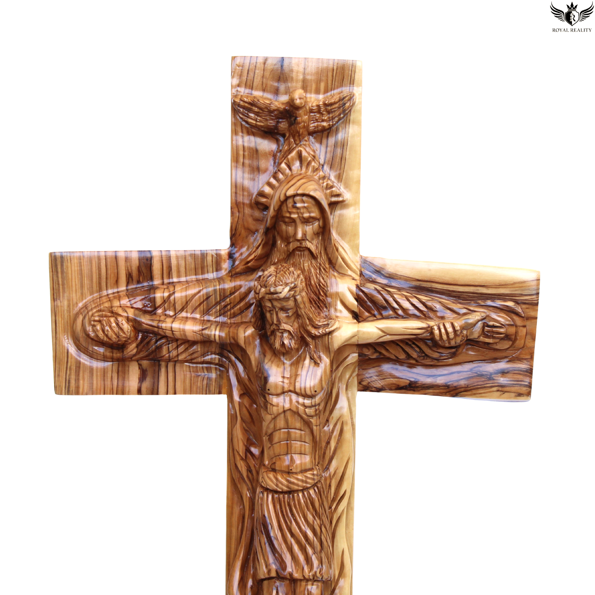 Wooden cross with carvings of a bearded man and angel on a white background