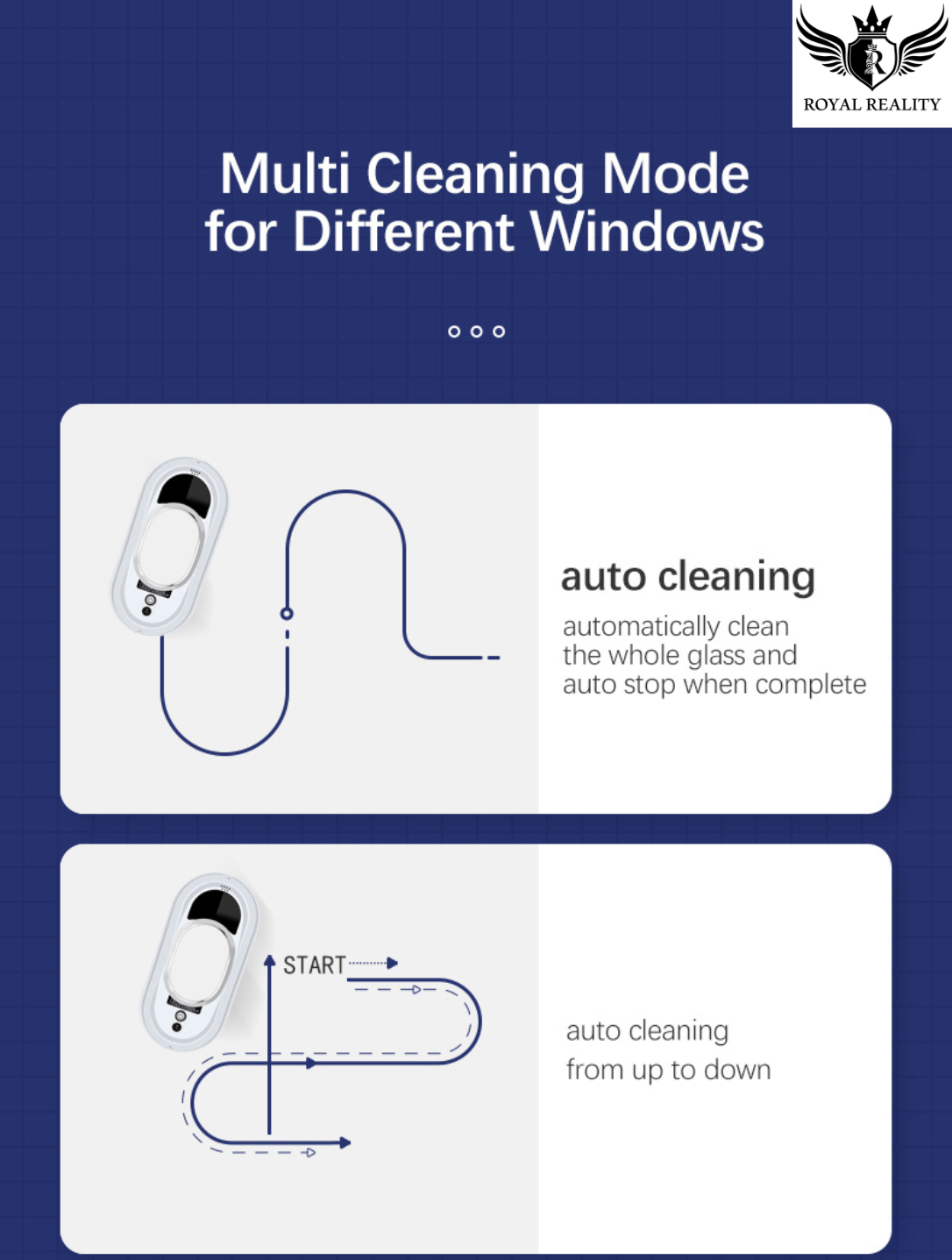 Advertisement for a multi cleaning mode device with text and diagrams on a blue background.