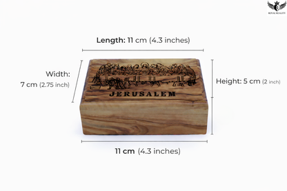 Wooden box with 'Jerusalem' engraving and measurements on a white background