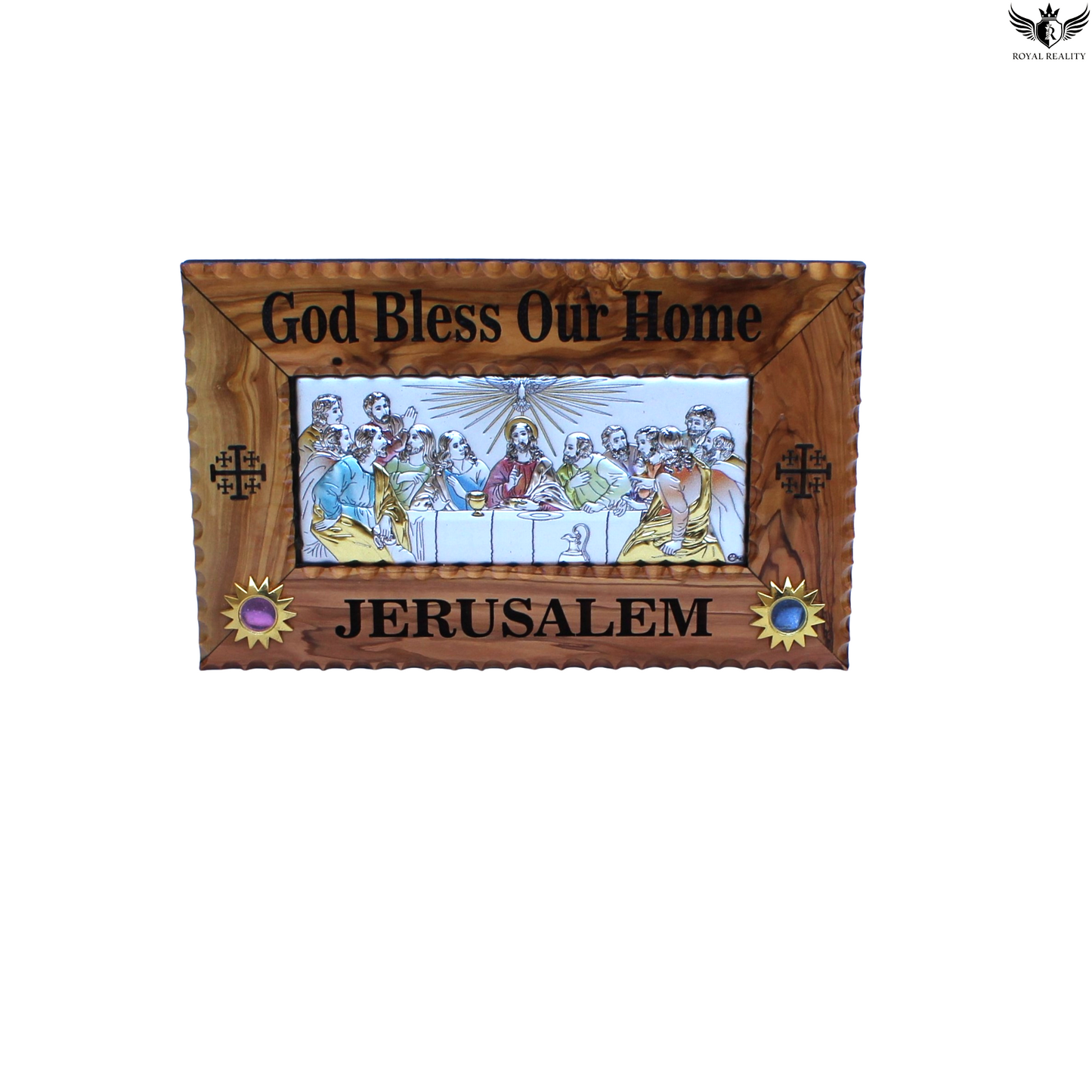 Wooden plaque with religious artwork and 'God Bless Our Home Jerusalem' text on a white background