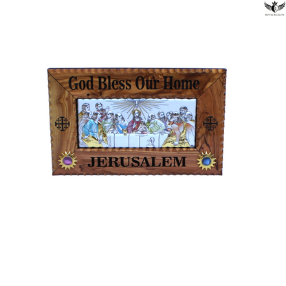 Wooden plaque with religious artwork and 'God Bless Our Home Jerusalem' text on a white background