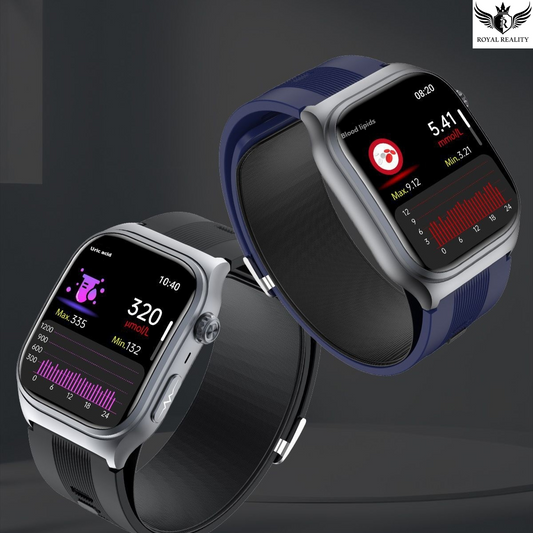 Two smartwatches with digital displays on a dark background