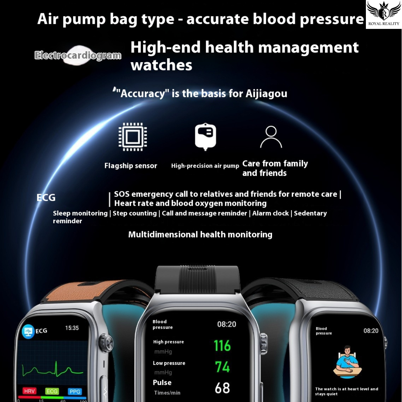Smartwatch with health monitoring features on a dark background