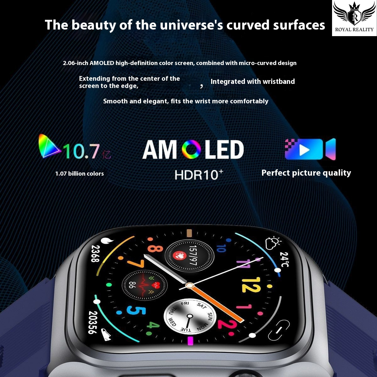 Smartwatch with AMOLED display on a dark background, featuring text about screen technology.
