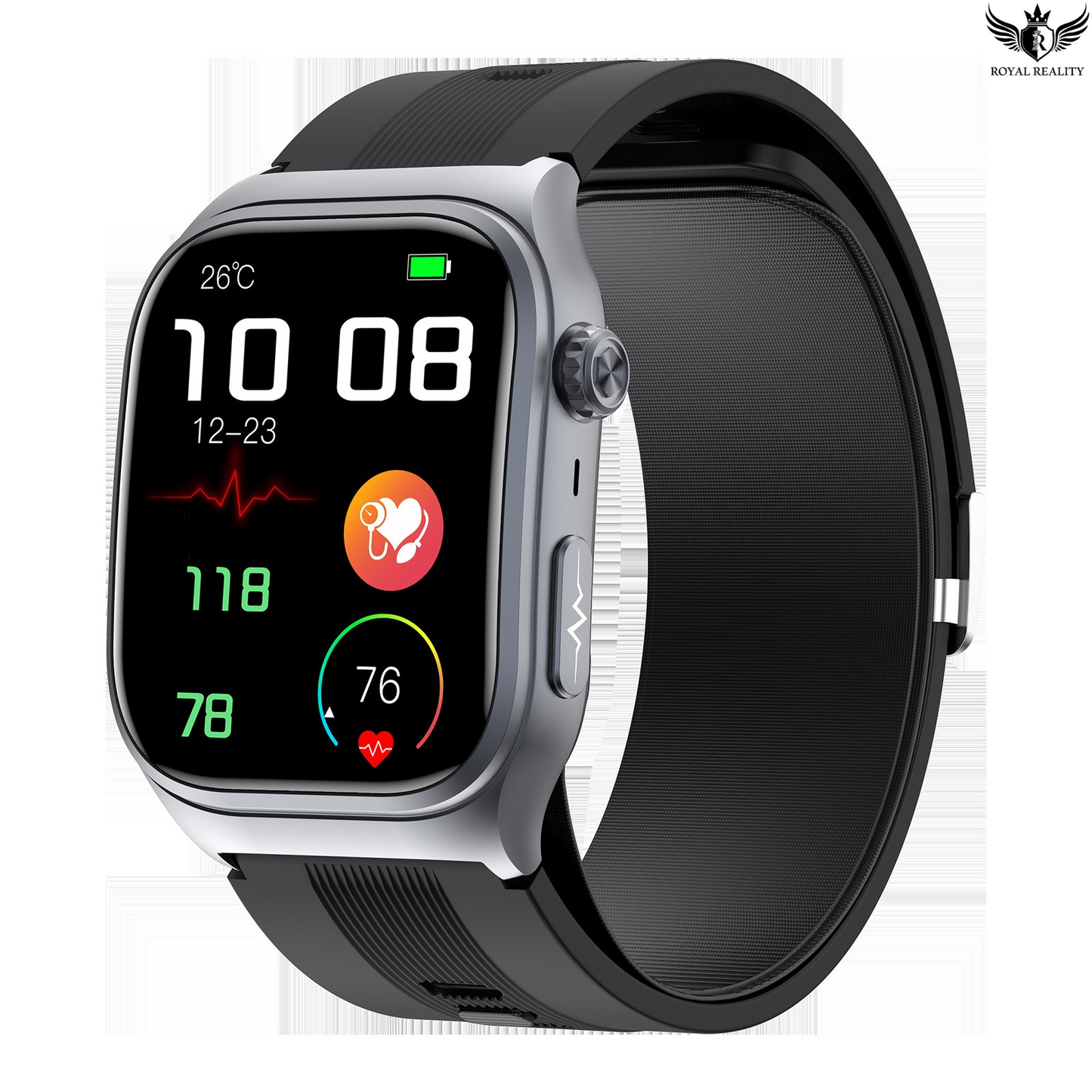 Smartwatch with a black band on a white background