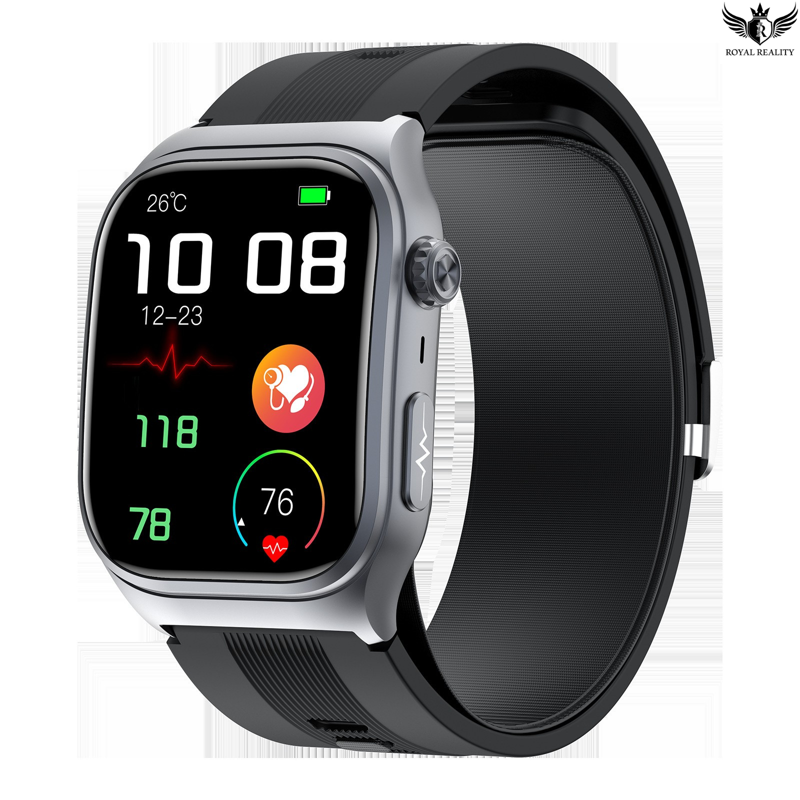 Smartwatch with a black band on a white background