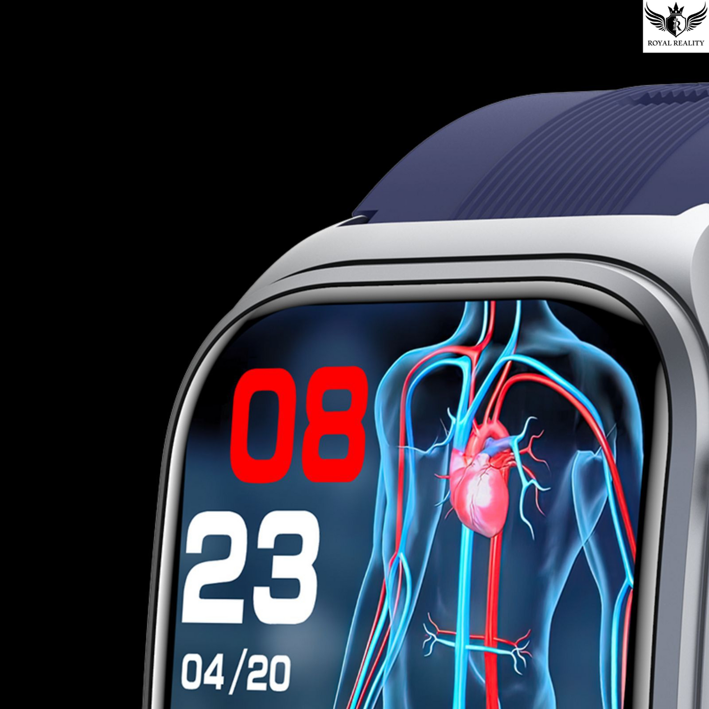 Smartwatch displaying a heart health monitor on its screen with a dark background.