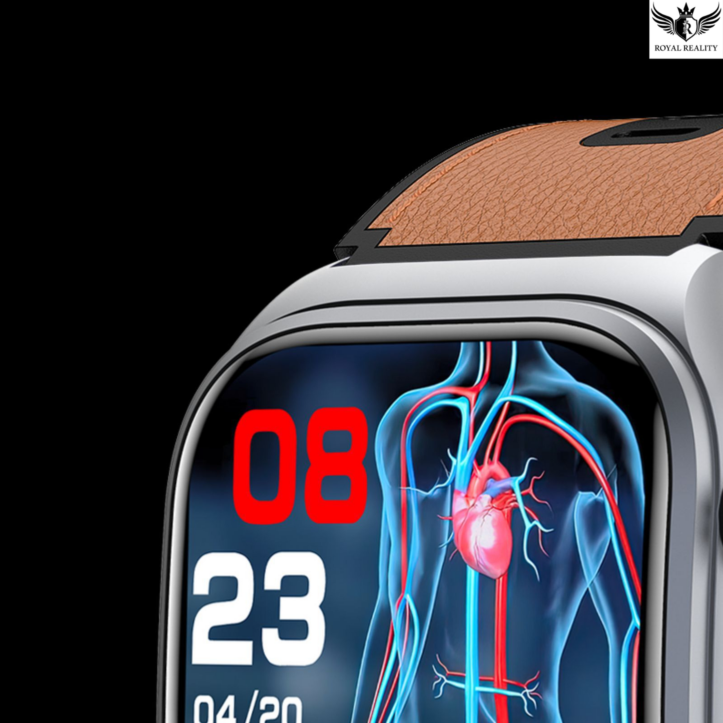 Smartwatch displaying a heart health monitor on its screen with a dark background.