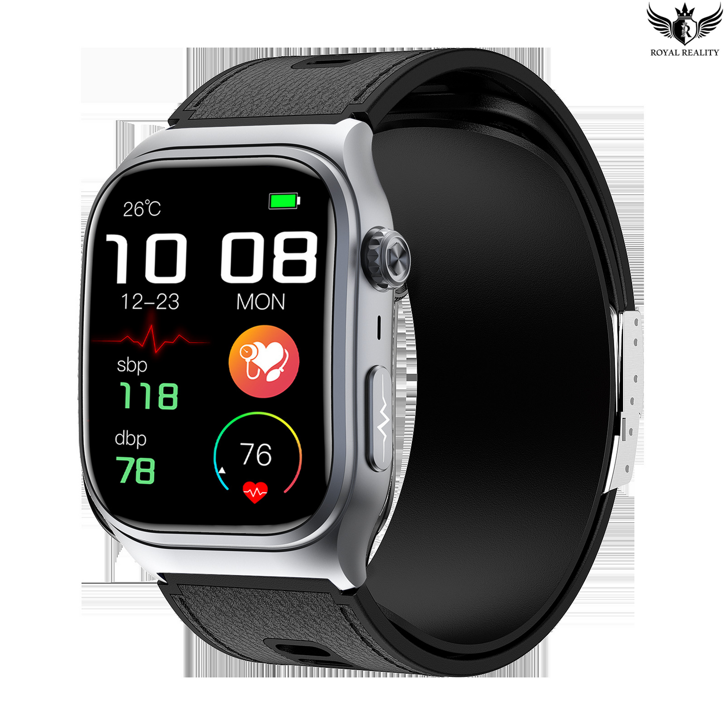 Smartwatch with a black strap on a white background