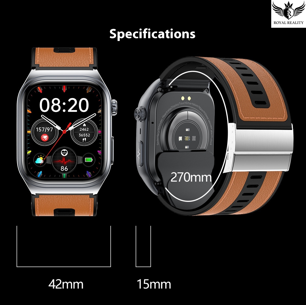 Smartwatch with brown strap and black display, showing specifications on a black background.