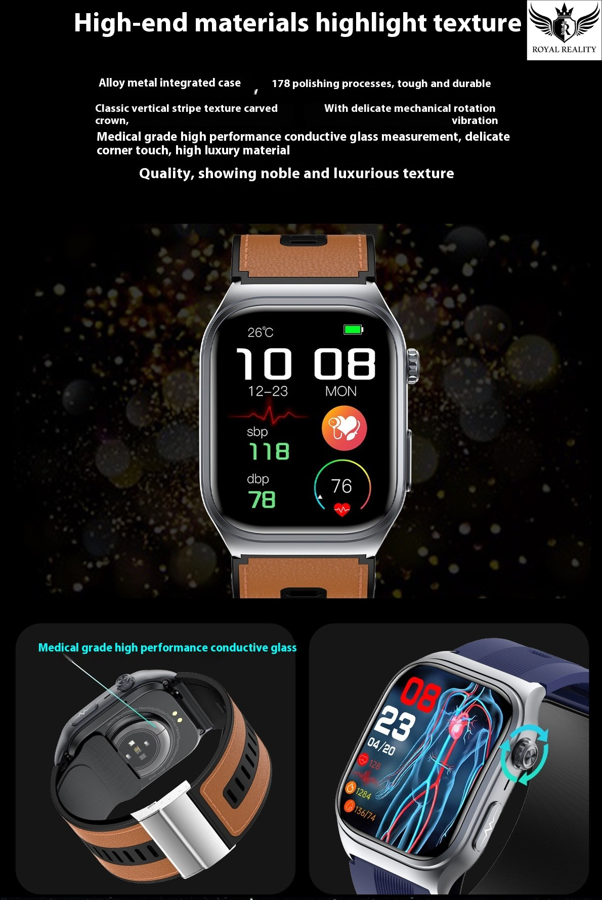 Smartwatch with detailed specifications on a dark background