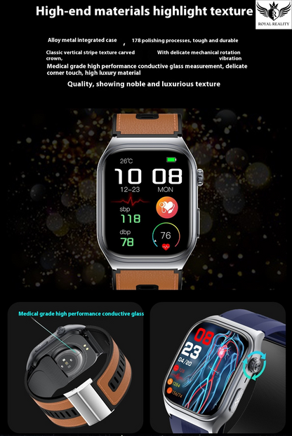 Smartwatch with detailed specifications on a dark background