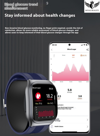 Smartwatch and smartphone displaying blood glucose monitoring app on a dark background