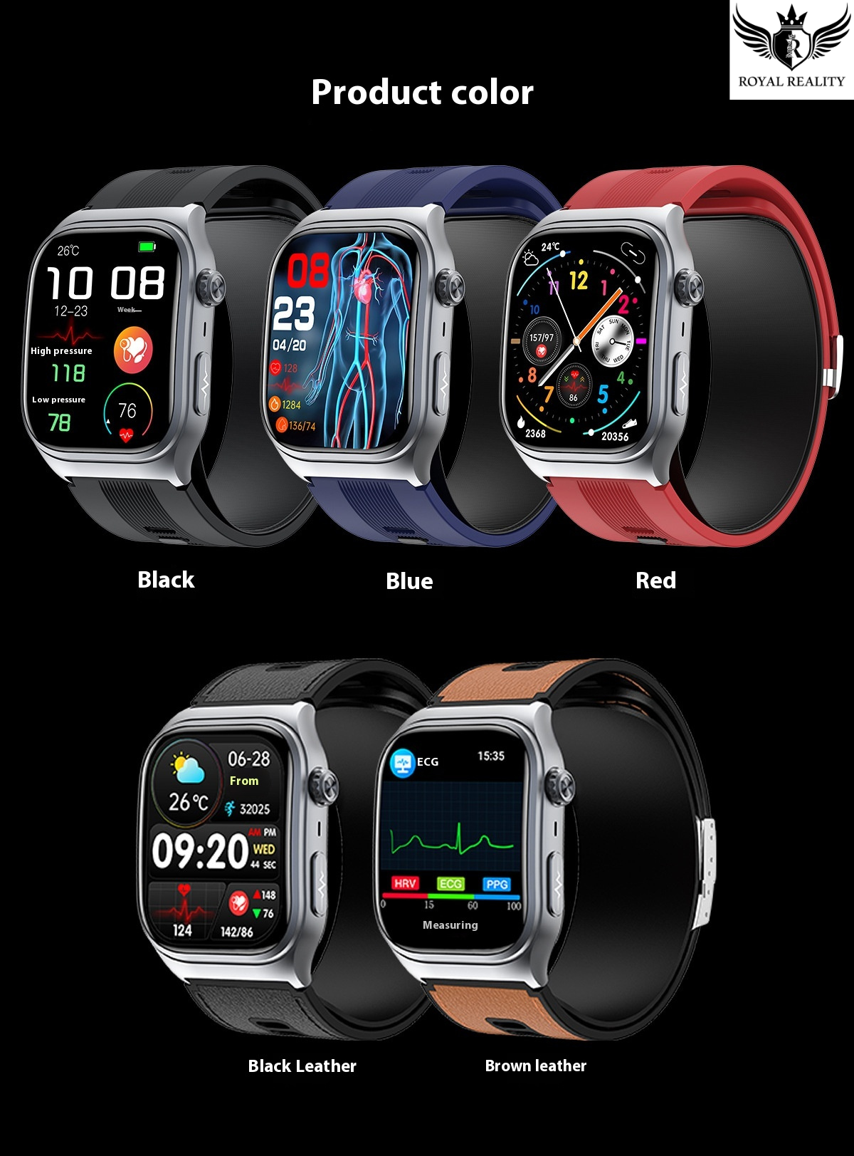 Smartwatch with different colored bands and leather options on a black background