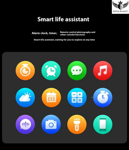 Smart life assistant app interface with various icons on a dark background