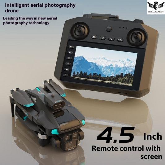 Intelligent aerial photography drone with remote control and screen displaying mountain landscape, featuring Royal Reality branding.