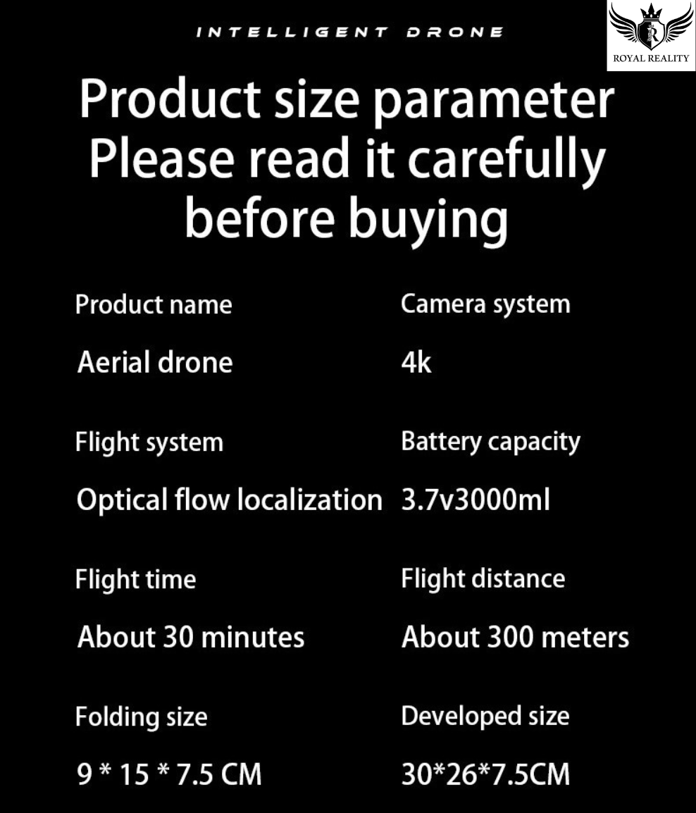 Product size parameter information for an aerial drone on a black background