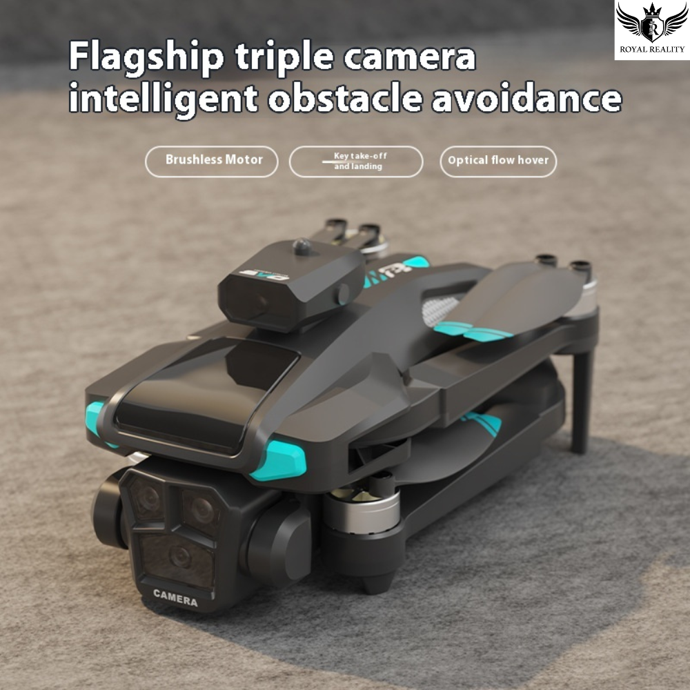 Black and teal drone with text about triple camera system and obstacle avoidance on a gray surface.