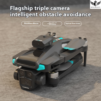 Black and teal drone with text about triple camera system and obstacle avoidance on a gray surface.