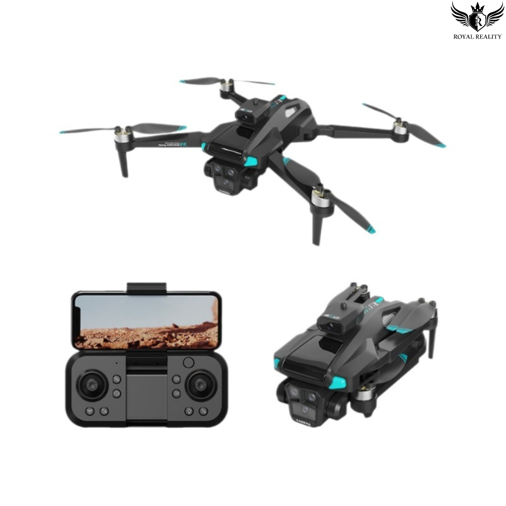 Black drone with camera, remote control, and attached camera module on a white background.