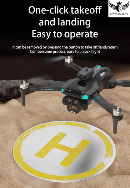 Drone on a circular platform with 'H' marking, text about one-click takeoff and landing, and Royal Reality logo.