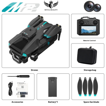 Drone set with remote control, storage bag, accessories, battery, and spare fan blade on a white background.