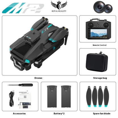 Royal Reality drone set with remote control, storage bag, accessories, batteries, and spare fan blade on a white background.
