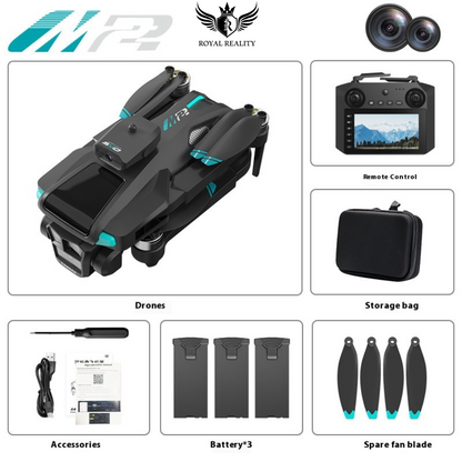 Royal Reality drone set with remote control, storage bag, accessories, batteries, and spare fan blade on a white background.