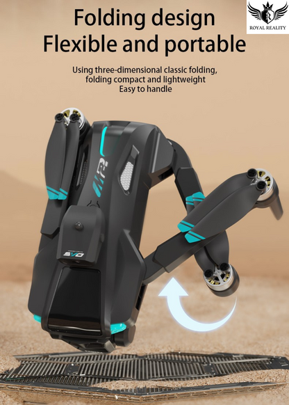 Folding drone with text highlighting its design and portability on a beige background