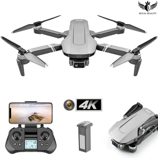 Drone with camera, remote control, and battery on a white background