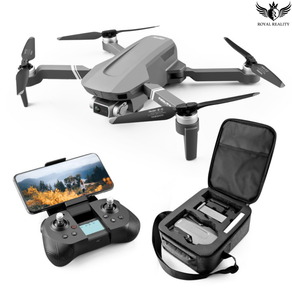 Drone with remote control and carrying case on a white background