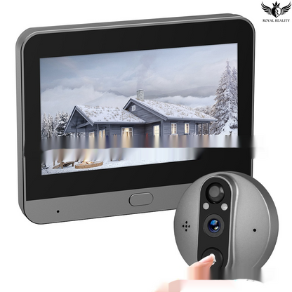 Digital doorbell with screen displaying a snowy house scene, brand 'Royal Reality' visible.