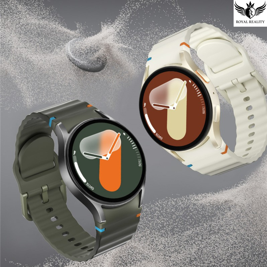 Two smartwatches, one gray and one white, on a textured gray background with 'Royal Reality' logo.