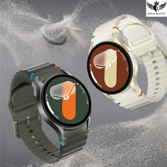 Two smartwatches, one gray and one white, on a textured gray background with 'Royal Reality' logo.