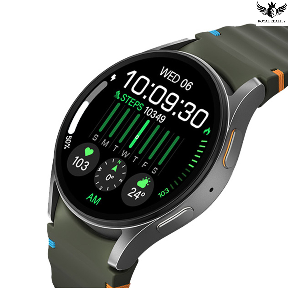 Smartwatch with a green digital display on a white background