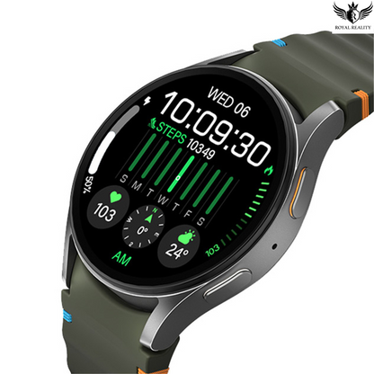 Smartwatch with a green digital display on a white background