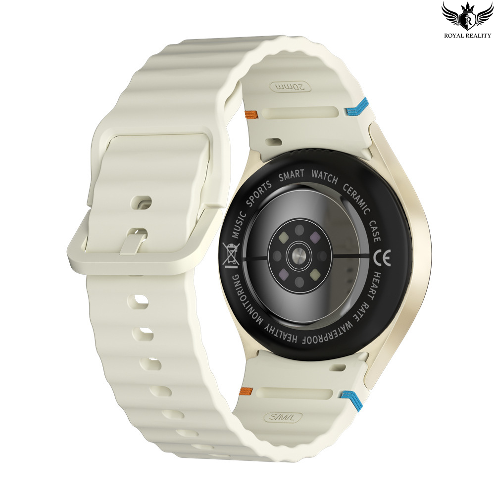 White smartwatch with a detailed face on a white background