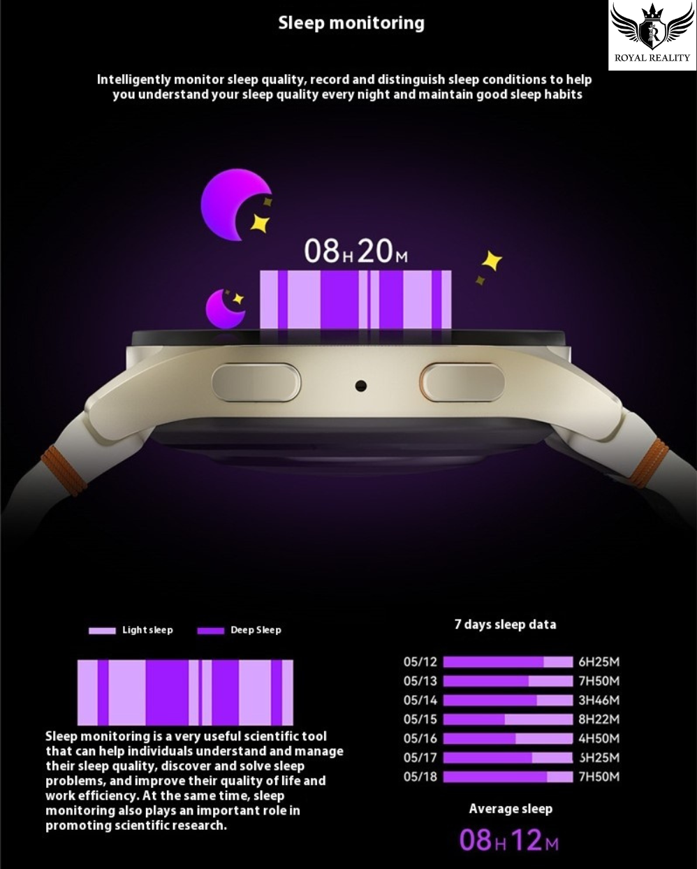 Smartwatch displaying sleep monitoring features with a dark background