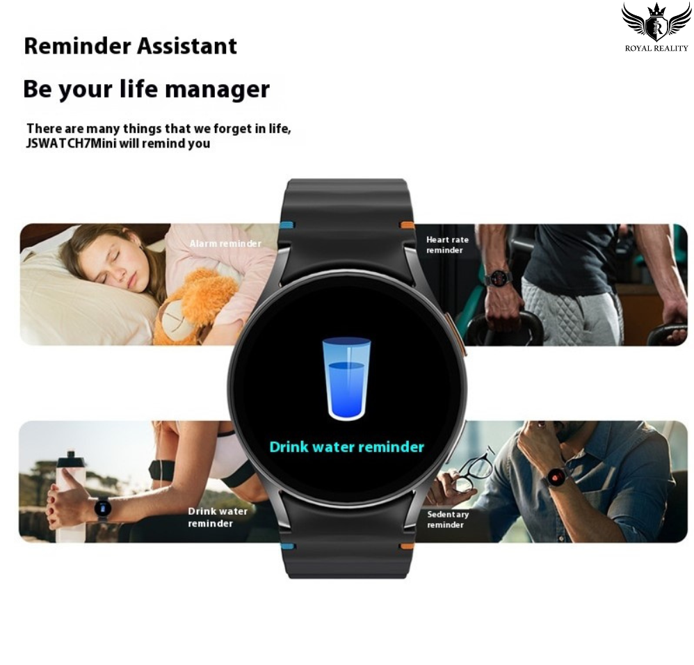 Smartwatch with a drink water reminder on the screen, surrounded by lifestyle images.