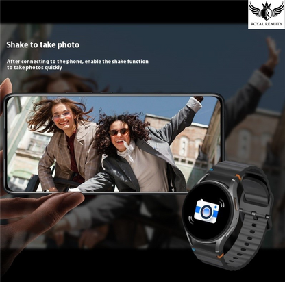Smartphone displaying a photo of two people with a smartwatch showing a camera icon.