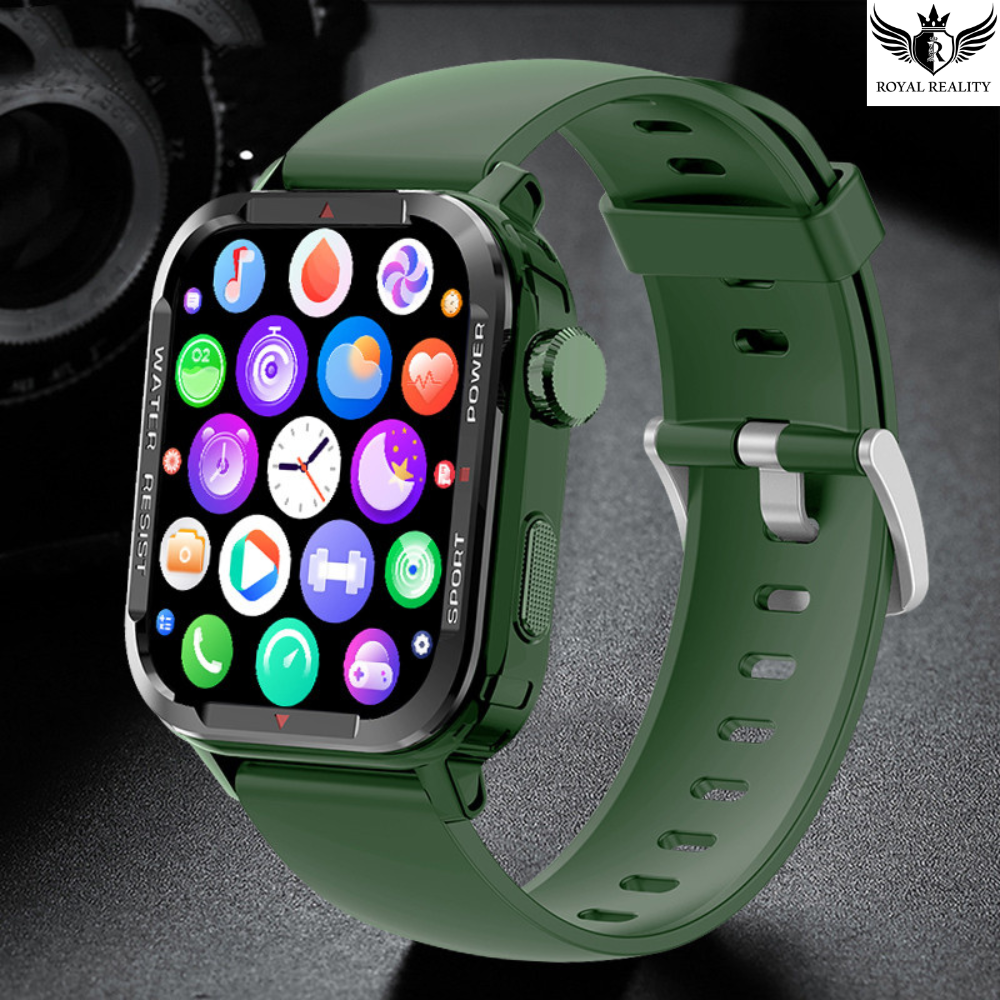 Green smartwatch with colorful app icons on a dark background