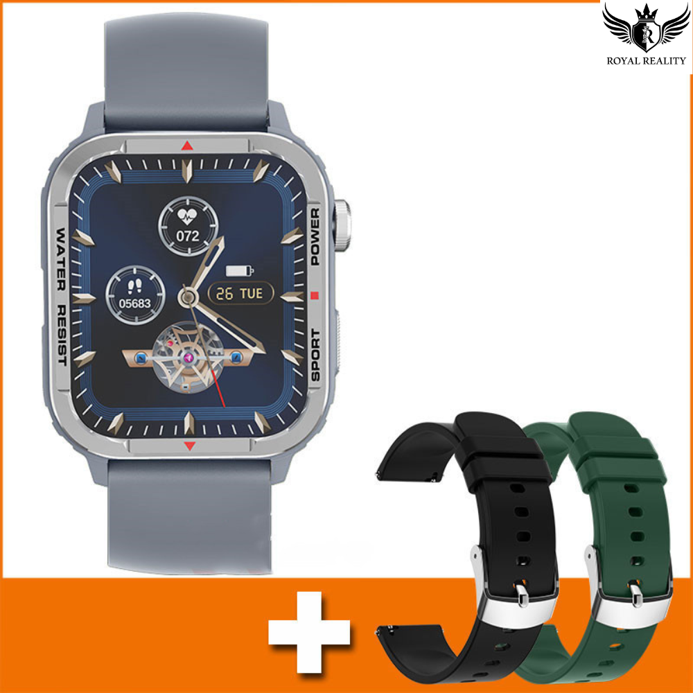 Smartwatch with gray strap and additional black and green straps on an orange background, featuring Royal Reality branding.